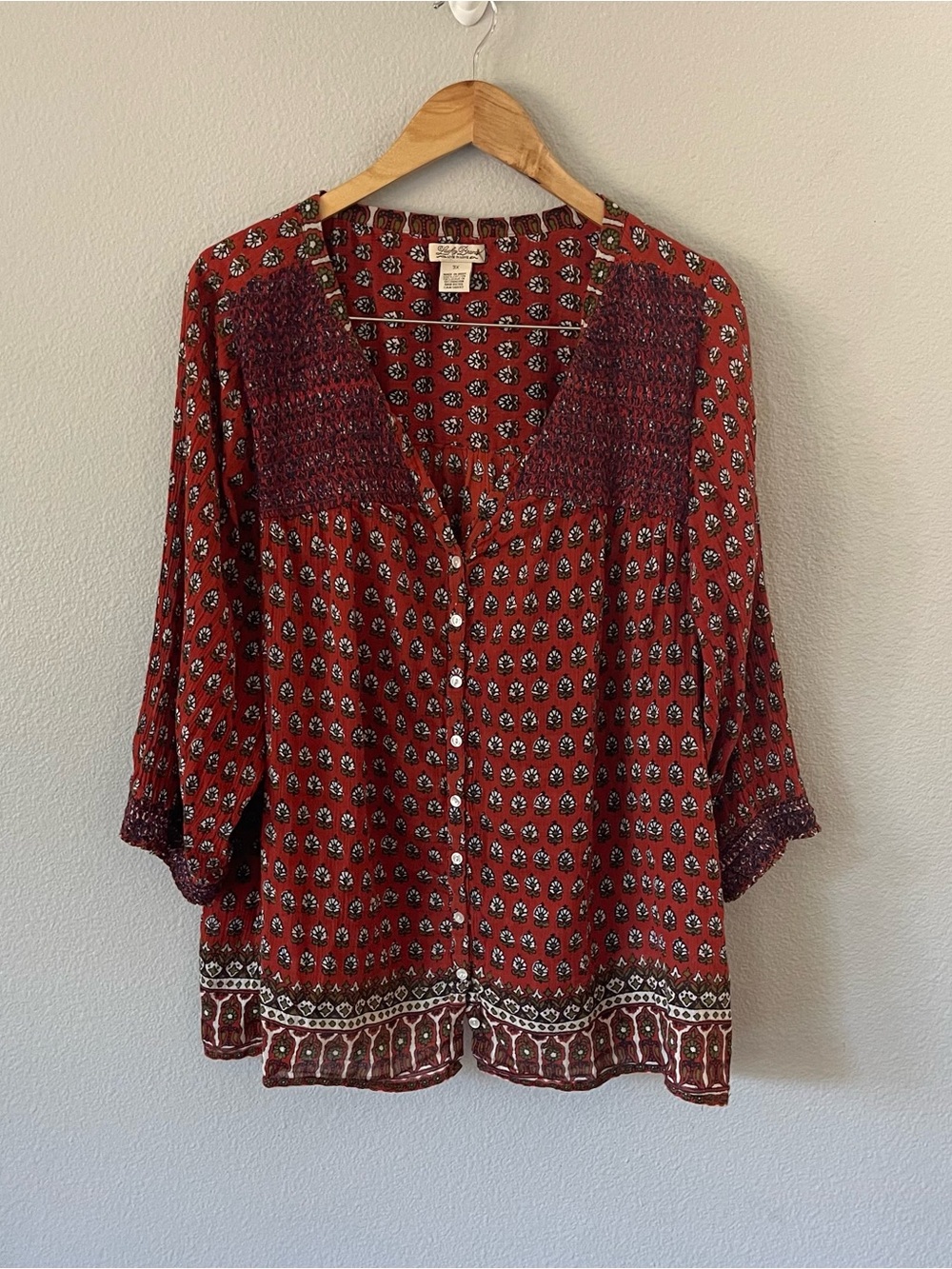 Lucky Brand Red Floral Boho Button Down V Neck Top Size 3X